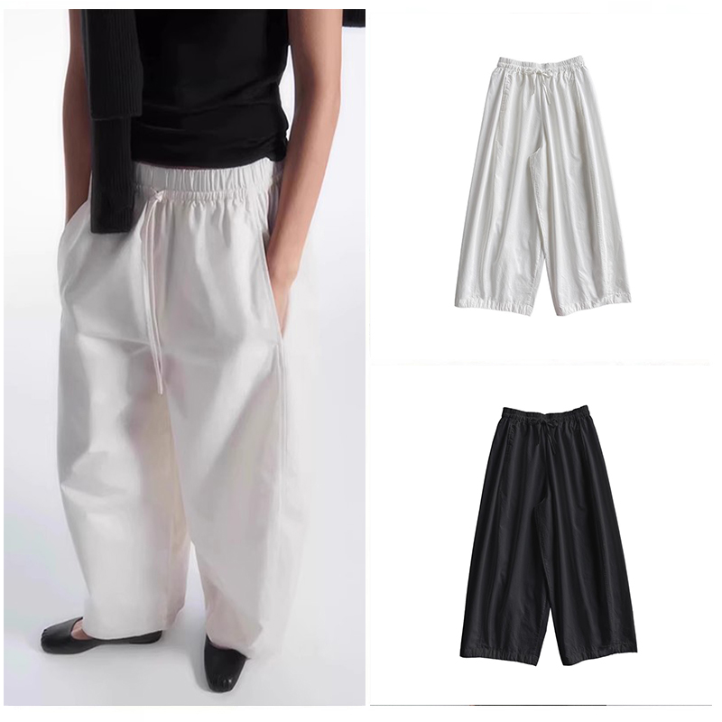 西班牙单北欧风简约设计感百搭清爽利落松紧腰宽松休闲白阔腿裤女