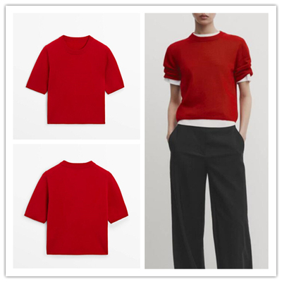 西班牙单 现货 2025春季新品简约风大红色软糯羊毛混纺短袖针织衫