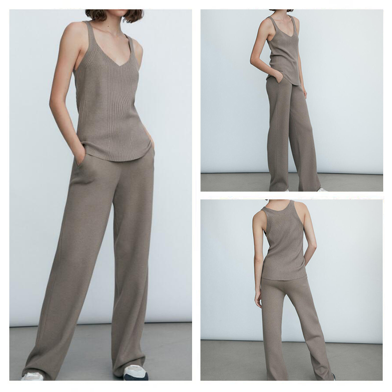 西班牙北欧女装2025秋季新款针织女士阔腿休闲宽松微喇长裤子套装