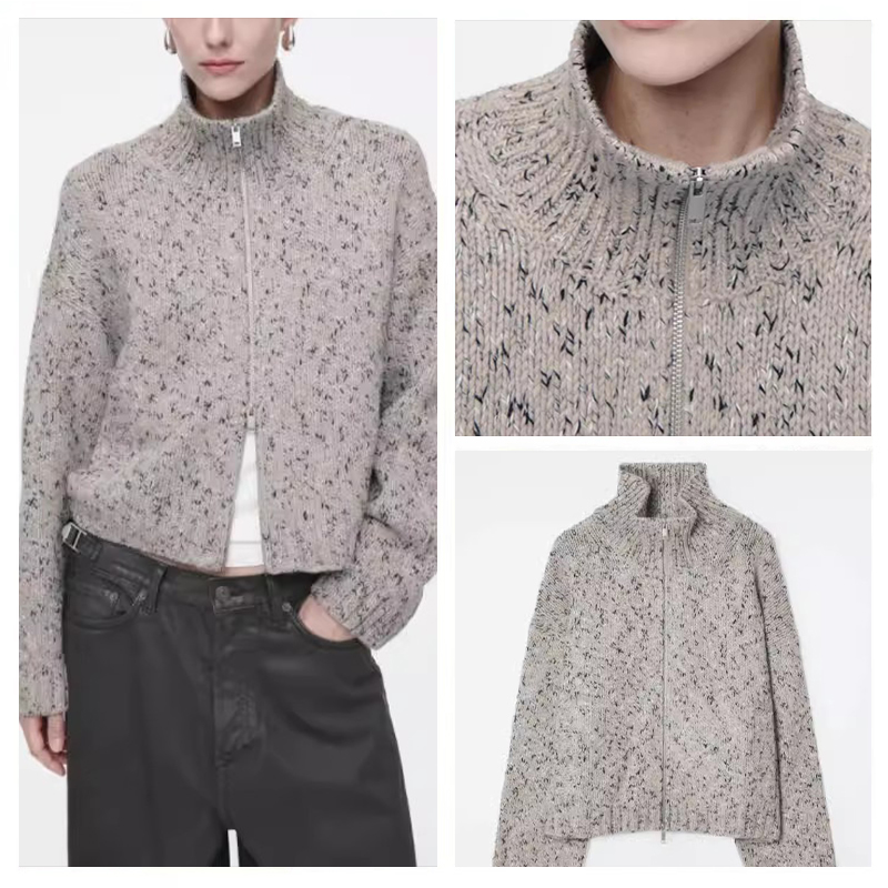 西班牙女装2025秋冬季新品休闲羊毛混纺针织纹理拉链开衫上衣外套