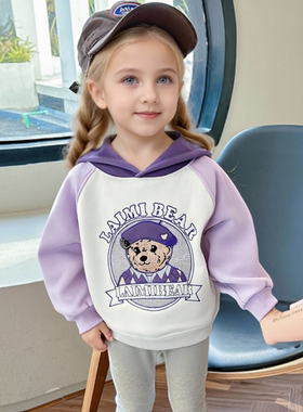 TD359冬款加绒紫色系卡通刺绣连帽设计活泼可爱女童儿童卫衣