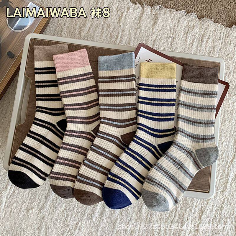 袜子女中筒袜条纹百搭长筒袜潮流ins风堆堆袜秋冬休闲女袜