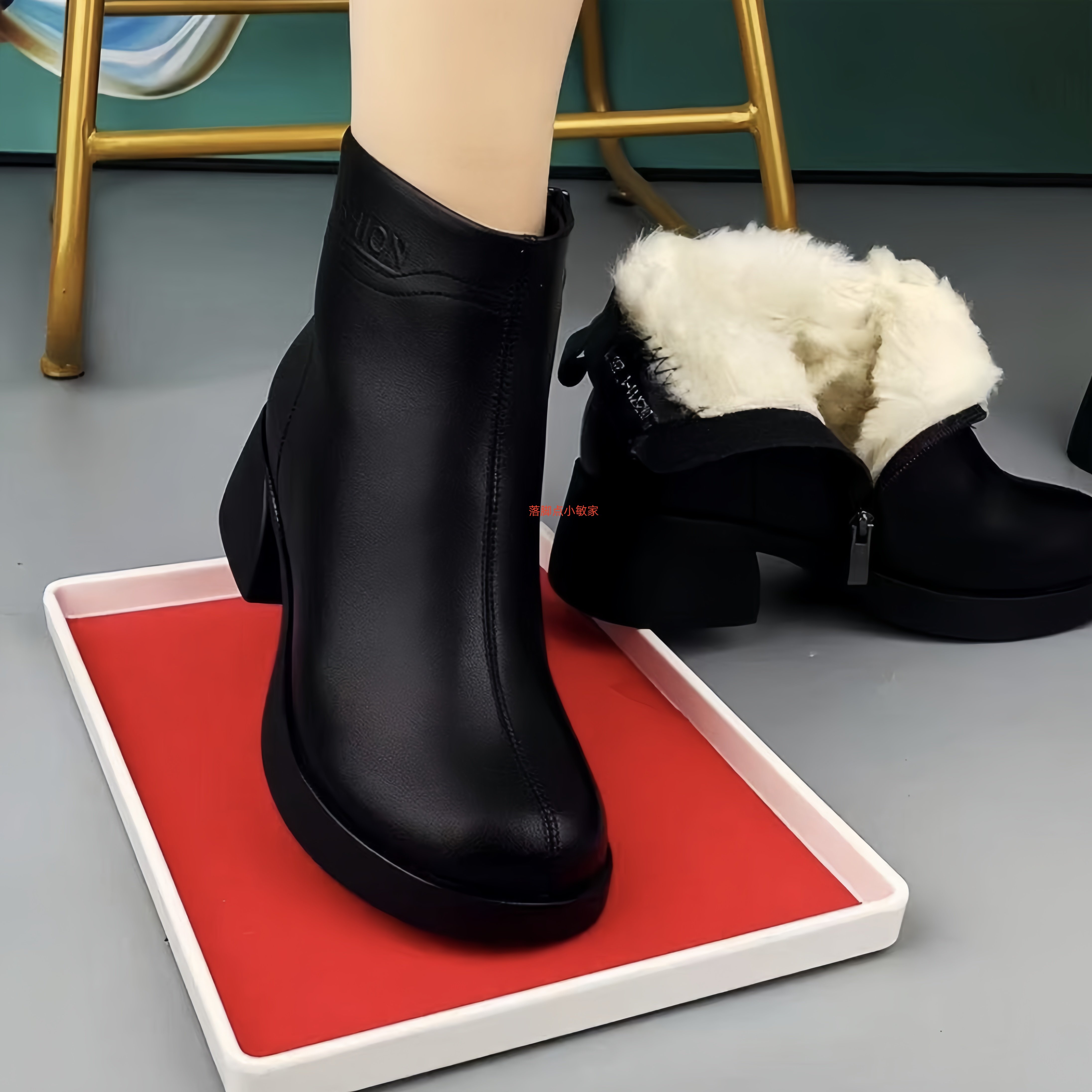 冬季新款英伦风马丁靴女真皮粗跟短靴皮毛一体羊毛棉靴软底妈妈鞋,女鞋,马丁靴,淘宝优惠券,粉丝福利购,淘宝优惠卷