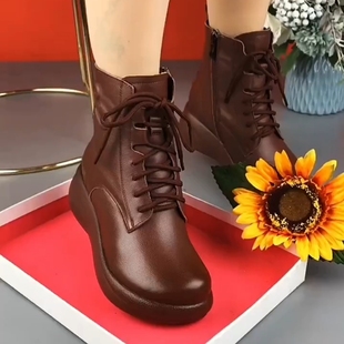 厚底松糕短靴女2025年秋季新款真皮马丁靴冬季加绒羊毛女靴妈妈鞋