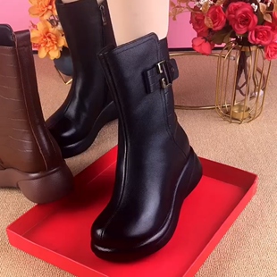 中筒马丁靴女2025年冬季 皮毛一体羊毛雪地靴真皮舒适软底妈妈 新款