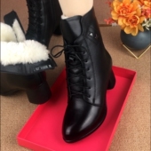 2025年秋冬新款 欧美风马丁靴真皮粗跟短靴皮毛一体羊毛女靴瘦瘦靴