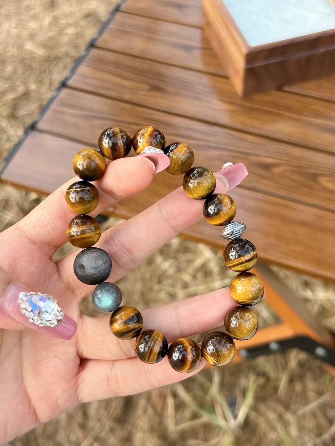 金霸男款手链天然黄虎眼金虎眼石灰月光转运珠银曜石设计手链手串