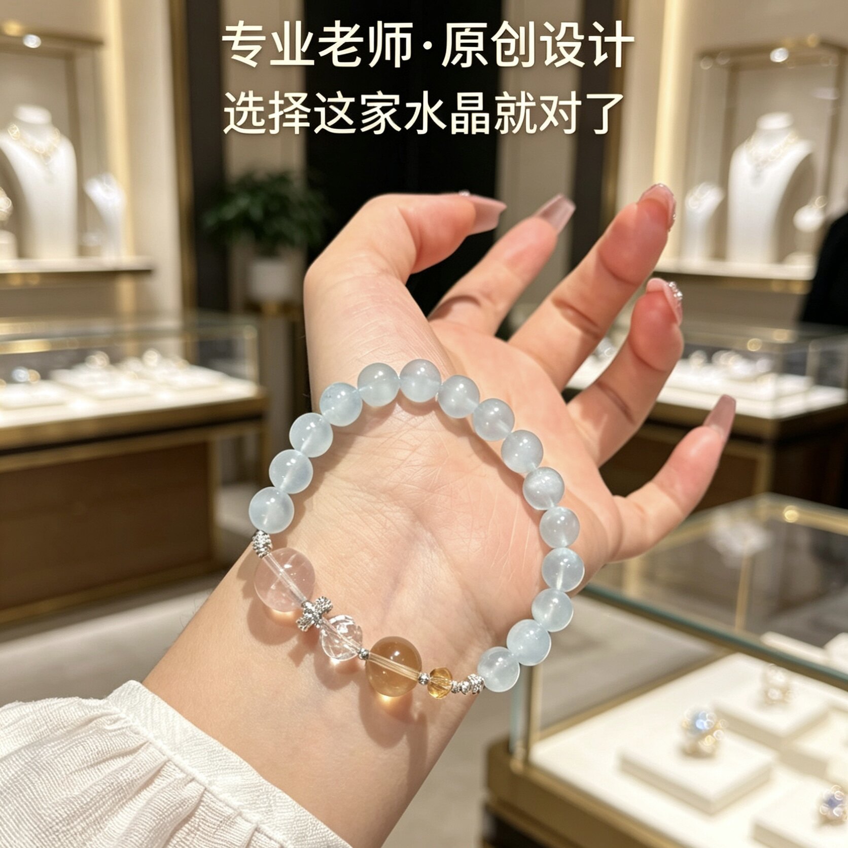 正品天然海蓝宝石白水晶手链黄水晶招财水系补水缺水手串礼物女