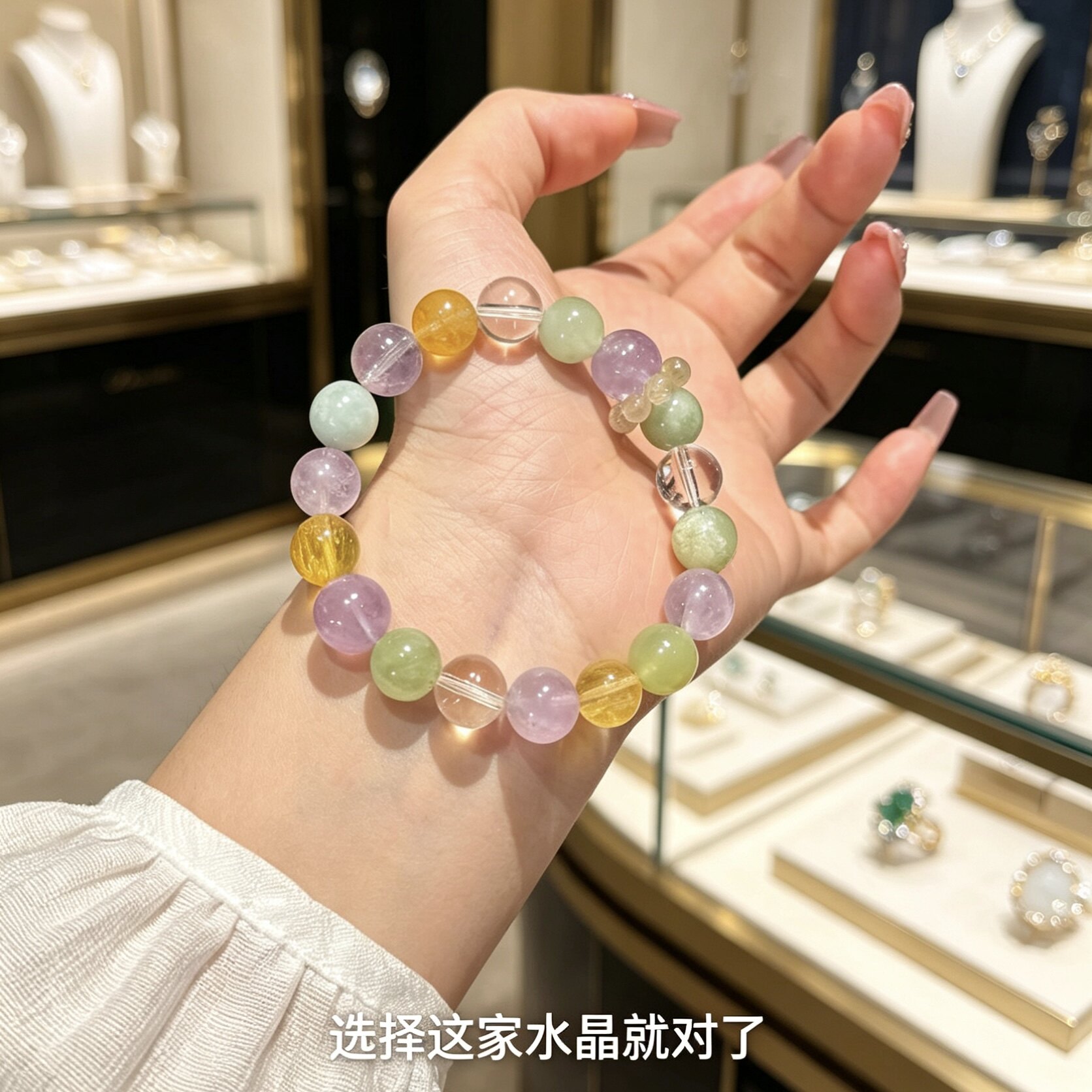 天然水晶多宝手串女款紫水晶白水晶黄萤石青提手链转运珠串礼物