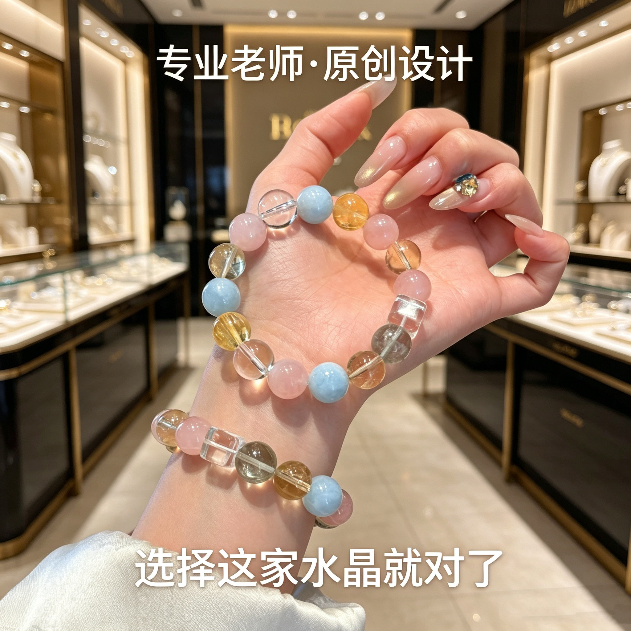 原创天然多宝水晶手串春日海蓝宝粉水晶白水晶方糖手链补金火水