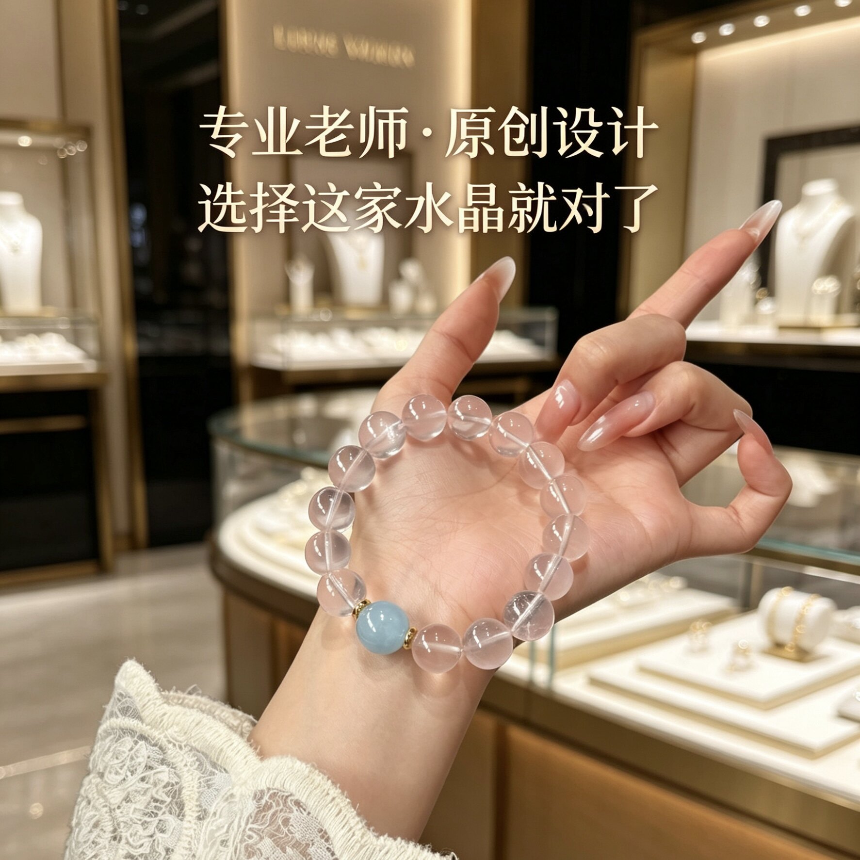 天然莫桑比克粉水晶海蓝宝手串招桃花送闺蜜礼物手链原创设计女