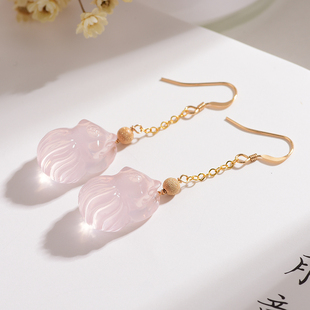 天然九尾狐粉水晶狐狸吊坠14K包金耳坠芙蓉石女生耳钉水晶石饰品