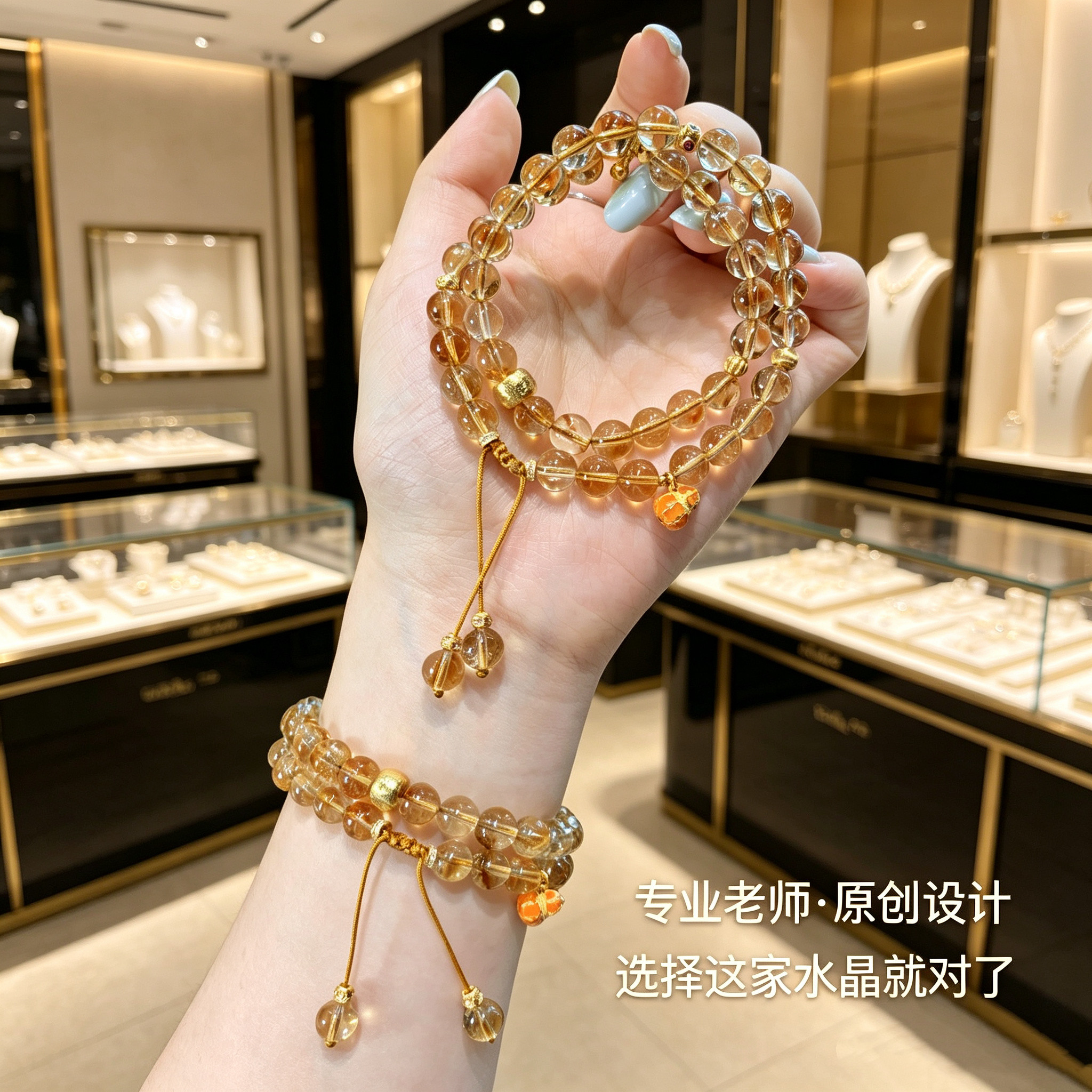 正品黄水晶手串双圈天然黄塔晶手链招财金发晶女士旺财运聚财葫芦