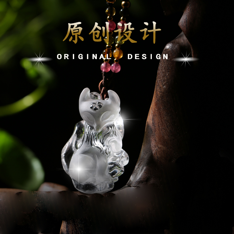 定制原创九尾狐项链小狐狸挂件天然白水晶雕件毛衣项链女吊坠配饰