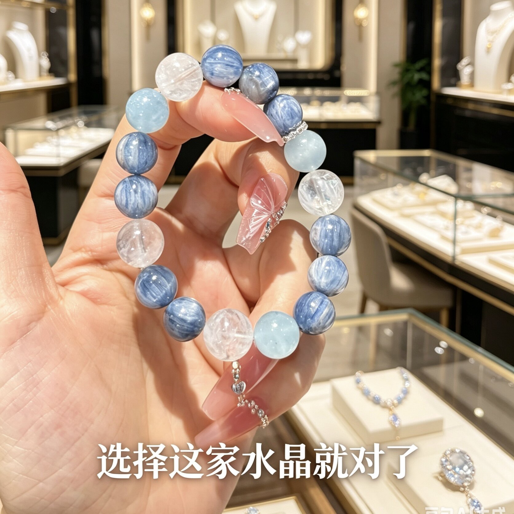 正品保真海蓝宝手串白幽灵五行补水金串珠手链蓝晶石送闺蜜礼物