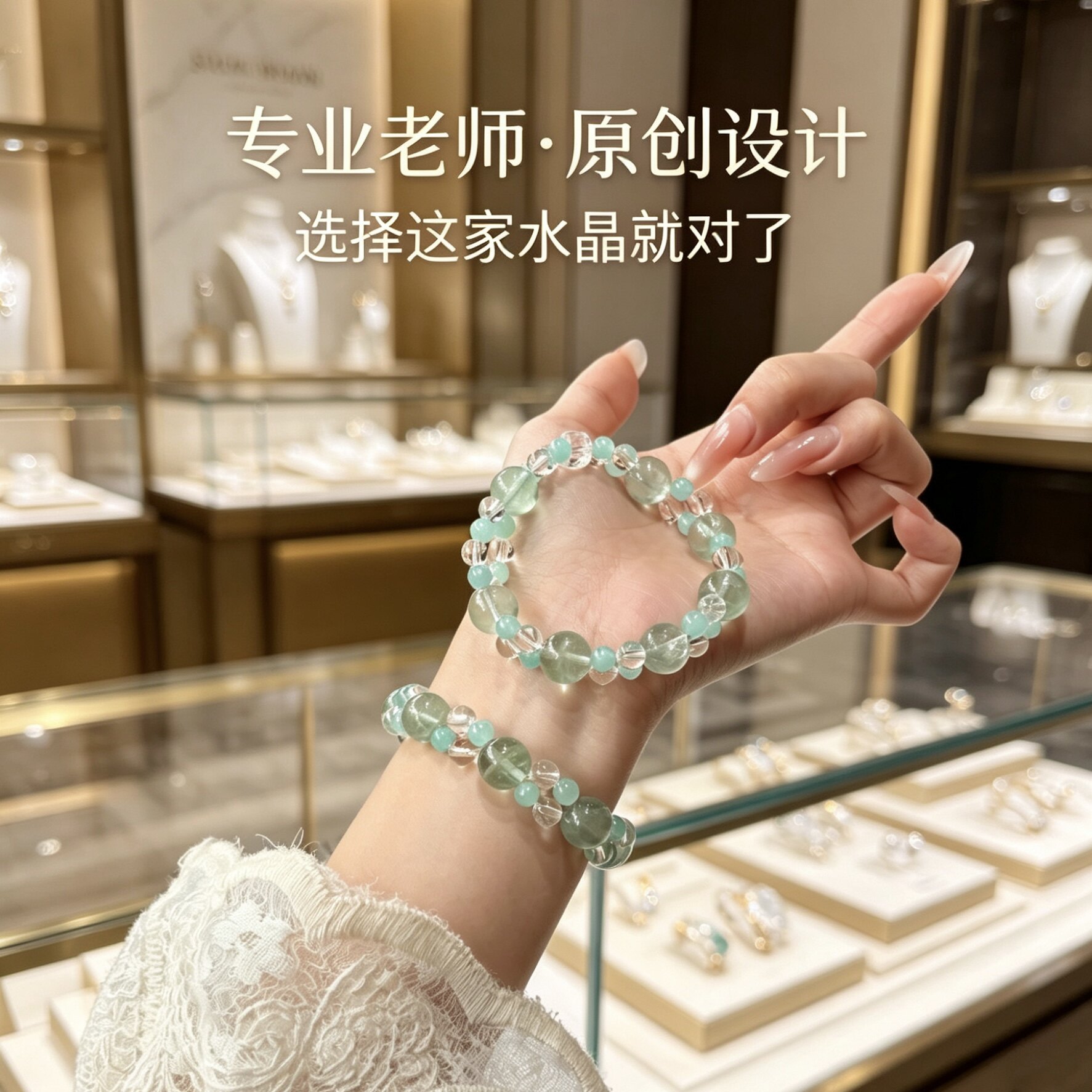 【冰春序】天然白水晶绿萤石莫粉叠戴多层手链好运礼物送闺蜜手串