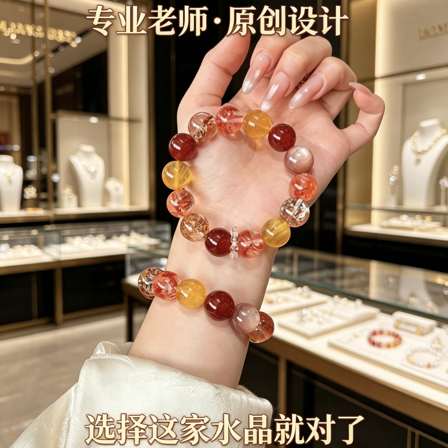 原创天然水晶手串红玛瑙黄萤石红胶花正品胶花本命年补火手链礼物