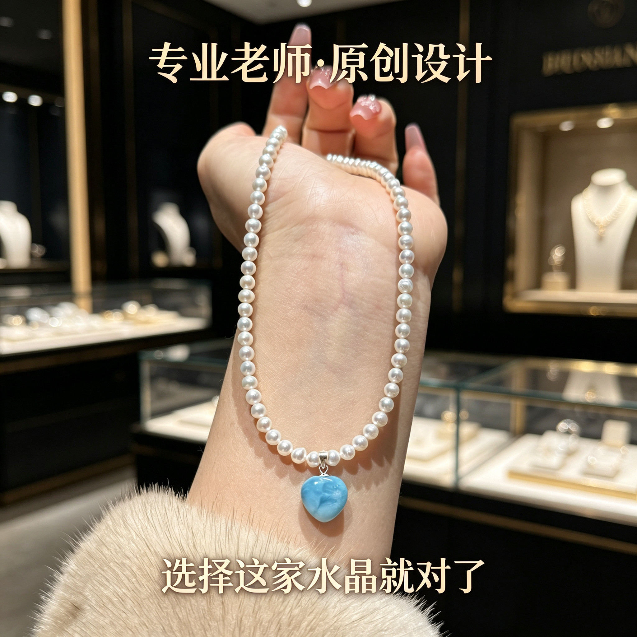 原创天然珍珠海纹石爱心项链女款气质轻奢淑女锁骨链颈饰女友礼物