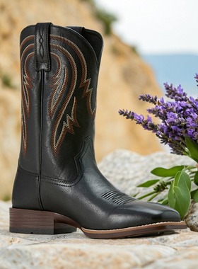 美国代购ARIAT牛皮刺绣方头西部牛仔靴真皮黑色中筒靴骑马靴男靴