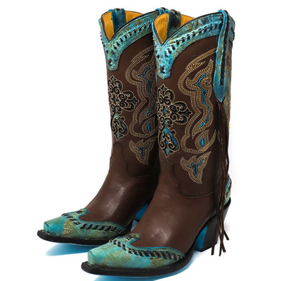 墨西哥产NUEVO牛皮真皮里彩线刺绣高筒流苏靴骑马靴西部牛仔靴女