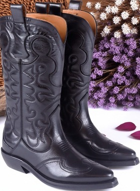 美国Kaanas雕花刺绣牛皮尖头骑马靴真皮里复古西部牛仔靴马术靴女