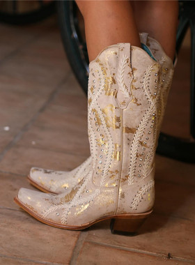 美国corral金色波点牛皮水晶水钻镶嵌尖头白色女高筒靴西部牛仔靴