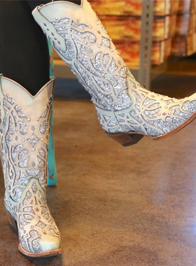 CORRAL牛皮雕花银粉镶嵌尖头高跟白色高筒马靴美国牛仔靴西部靴女