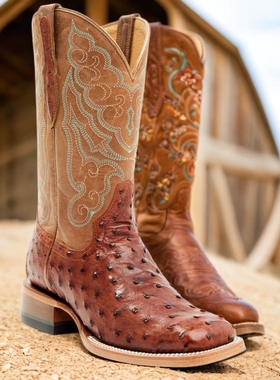 SHYANNE美国西部牛仔靴鸵鸟皮真皮方头刺绣中筒靴复古骑马靴女靴