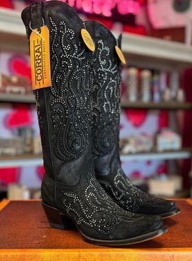 美国CORRAL反绒牛皮水钻刺绣尖头骑马靴长靴复古黑色西部牛仔靴女