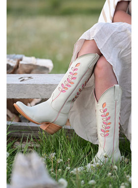 美国MACIE BEAN牛皮树叶刺绣真皮圆头骑士靴长靴复古西部牛仔靴女