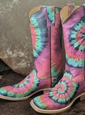 TIN HAUL墨西哥手工靴西部牛仔靴牛皮彩绘太阳花方头真皮骑马靴女