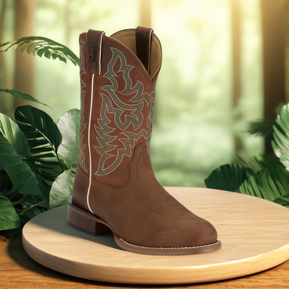 美国产JUSTIN牛皮圆头拼色刺绣复古西部牛仔靴真皮中筒靴骑马靴男