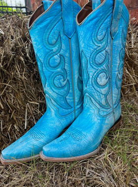 CORRAL美国产牛皮蓝色真皮刺绣尖头高筒靴骑马靴复古西部牛仔靴女