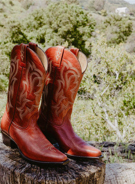 美国SHYANNE牛皮真皮肯豆款马术靴刺绣尖头红色复古西部牛仔靴女