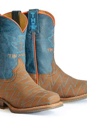 美国Tin Haul刺绣复古西部牛仔靴牛皮真皮中筒儿童骑马靴25-39码