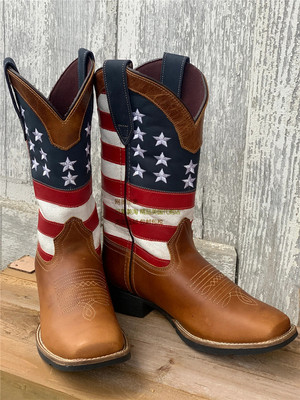 美国代购Roper头层牛皮真皮美国国旗刺绣方头马术靴西部牛仔靴女