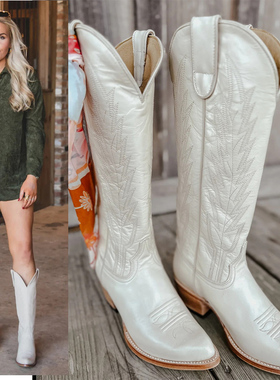 美国直邮MACIE BEAN牛皮白色真皮里尖头骑士靴长靴西部牛仔靴女靴