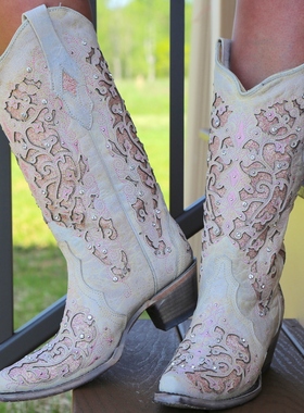 代购Corral套筒真皮粗跟尖头中筒水晶白色马术靴复古西部牛仔靴女