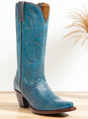 美国Shyanne纯色蜥蜴皮刺绣真皮尖头高跟高筒骑马靴西部牛仔靴女