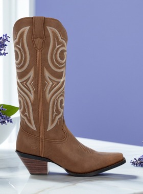 美国DURANGO牛皮真皮复古西部牛仔靴尖头高跟刺绣高筒靴骑马靴女