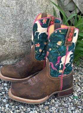 美国Tin Haul天马刺绣西部牛仔靴牛皮真皮儿童西部骑马靴25-39码