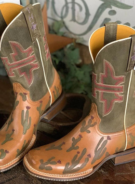 Tin Haul牛皮真皮绿色仙人掌刺绣方头骑马靴复古中筒西部牛仔靴女