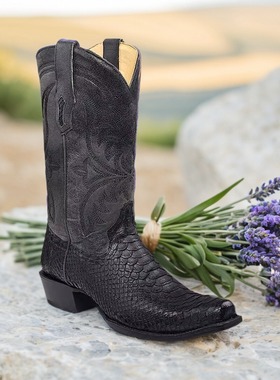 美国CORRAL南美蟒蛇皮真皮复古西部牛仔靴黑色高筒靴方头骑马靴男