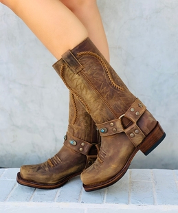 海外直邮SENDR绳编疯狗皮真皮方头中筒靴骑马靴复古西部牛仔靴女