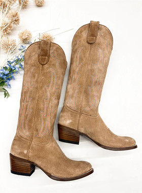 美国代购MACIE BEAN反绒牛皮刺绣方头高筒靴西部牛仔靴女靴骑马靴