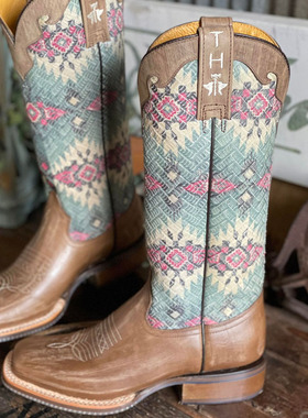 美国产Tin Haul压纹牛皮方头真皮古装靴西部牛仔靴中筒靴马术靴女