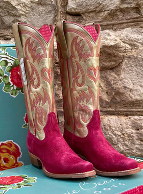 美国MACIE BEAN反绒牛皮粉色刺绣真皮方头高筒骑马靴西部牛仔靴女