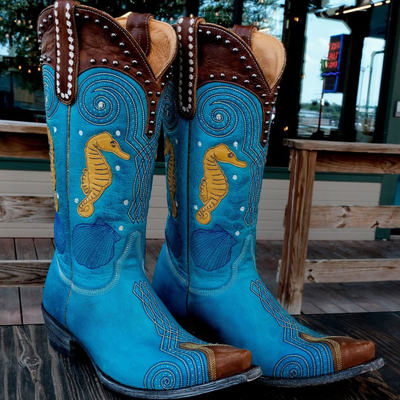 OLDGRINGO牛皮海马刺绣高筒靴