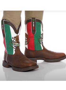 美国Durango牛皮6排飞鹰刺绣真皮复古西部牛仔靴拼色中筒骑士靴男