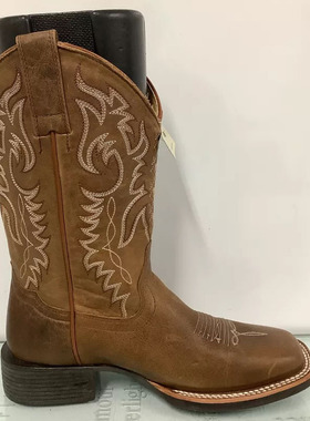 SHYANNE美国本土牛仔靴牛皮绣花西部靴骑马靴中筒靴方头橡胶底女